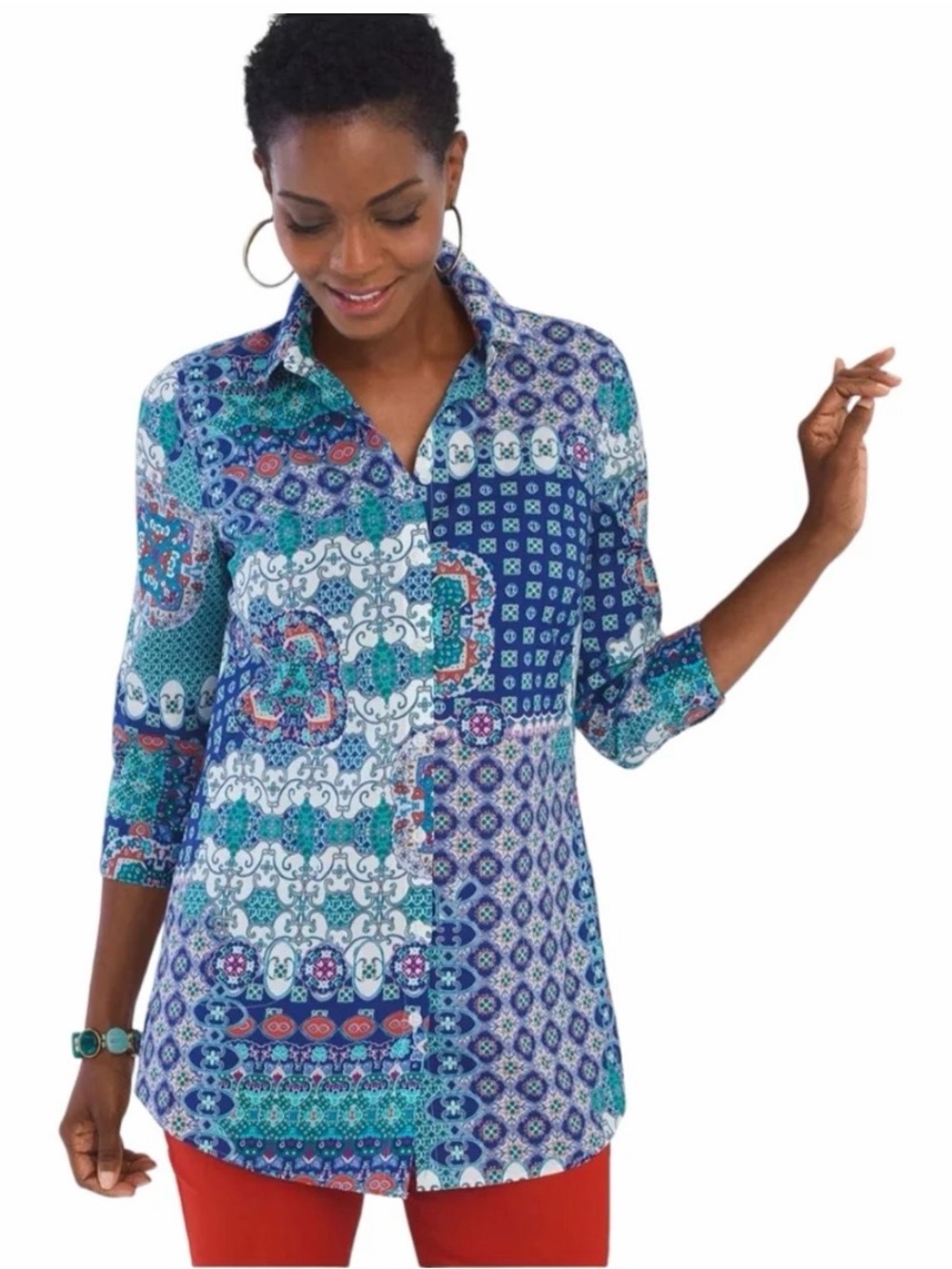 CHICO’S 3/4-Sleeve No-Iron Bohemian Print Button Down with Pockets, Size 1/M